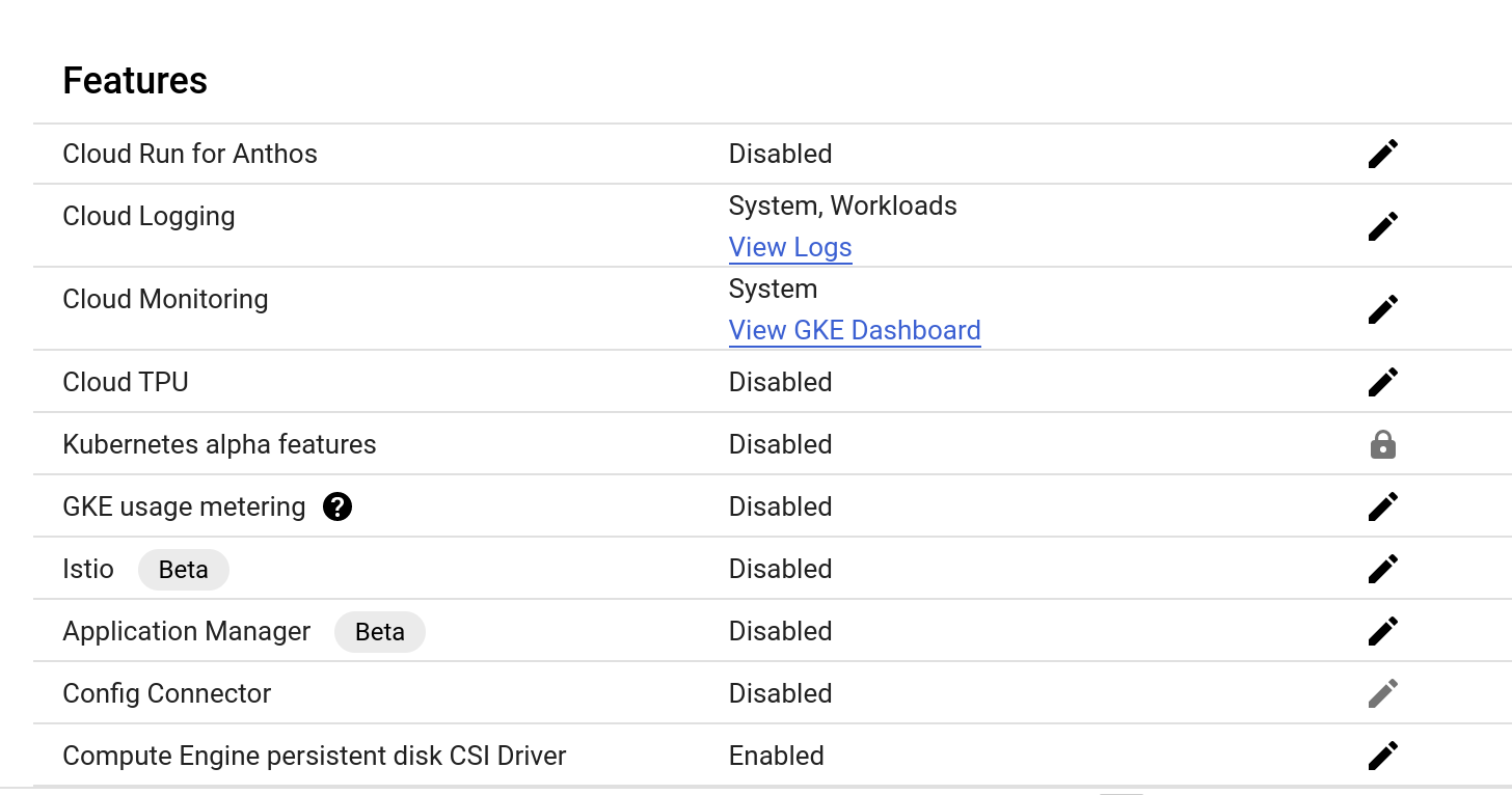 Features section displaying various settings