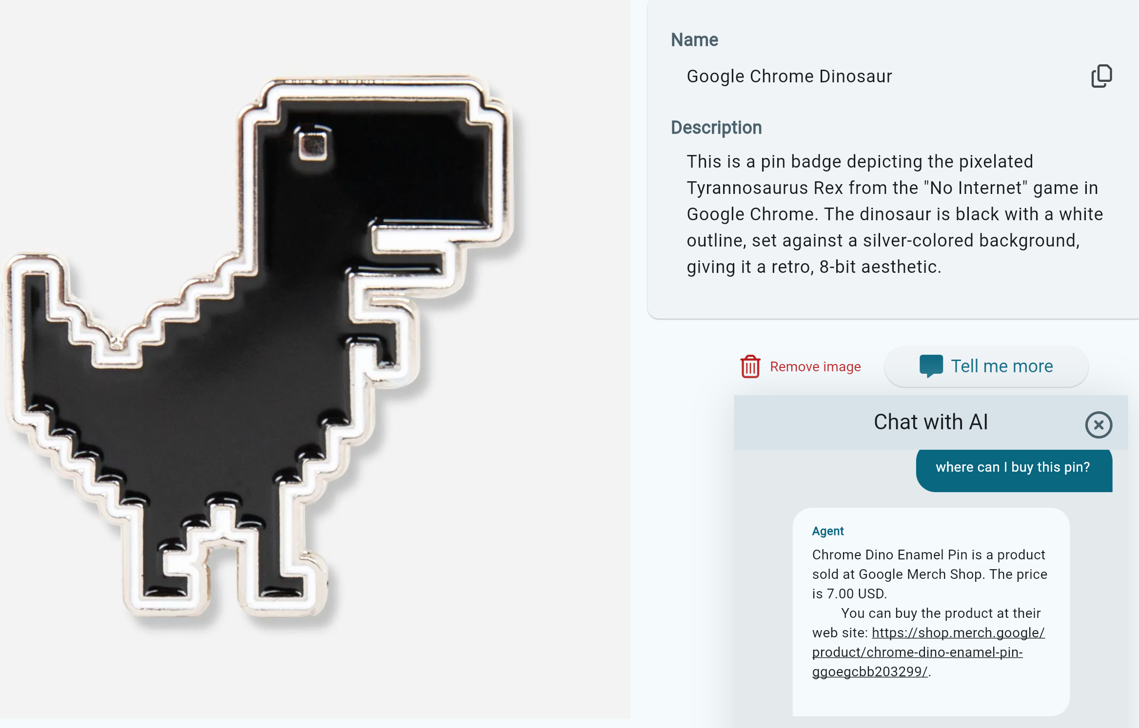 Agent response about the Google Chrome Dino pin