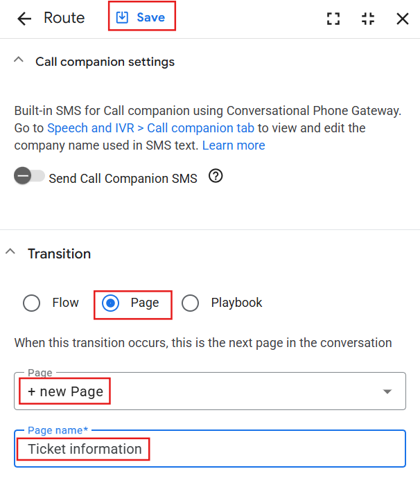 Highlighted Page name field populated with Ticket information