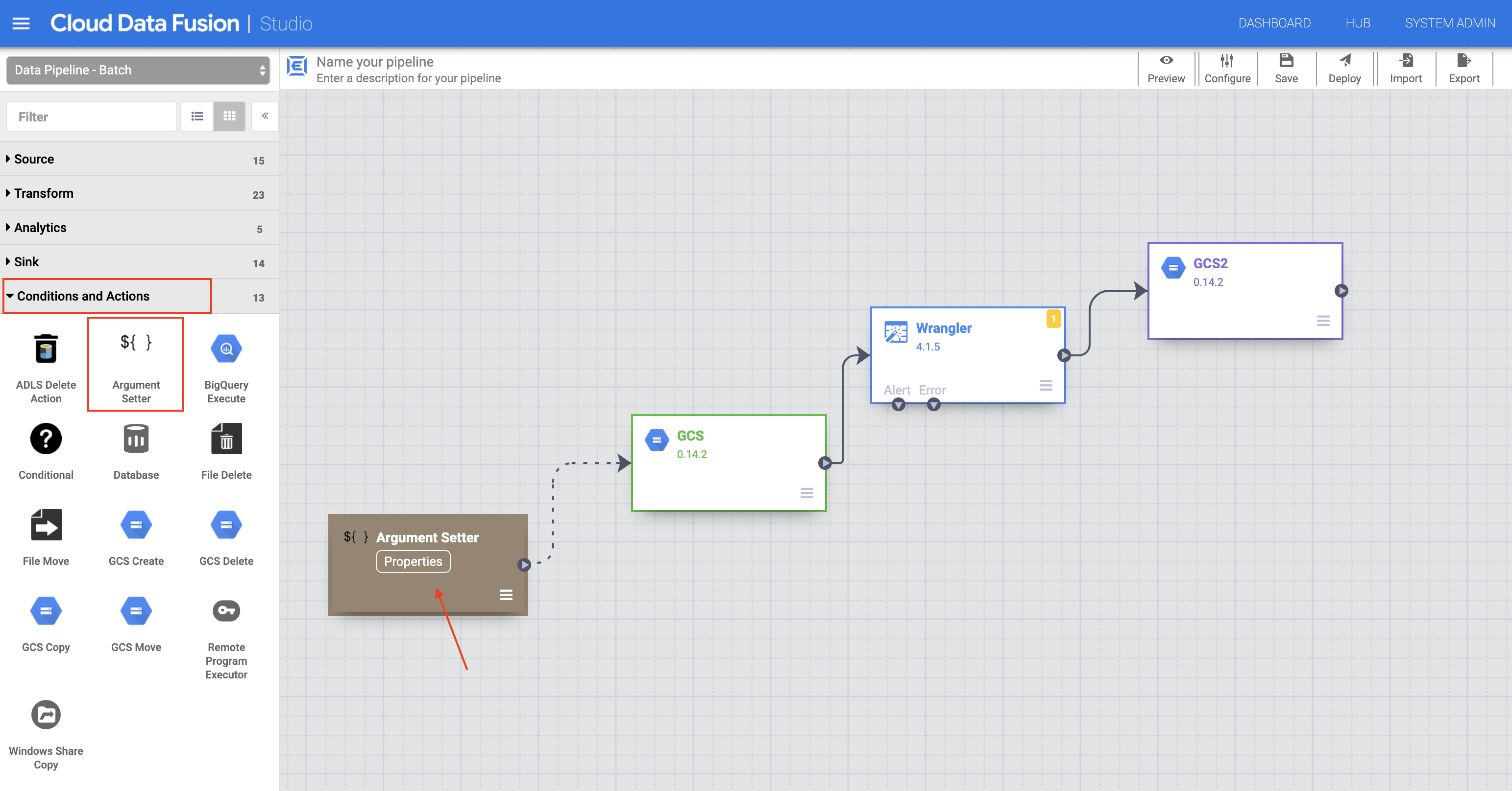 Pipeline Studio canvas Argument Setter and Cloud Storage nodes connected