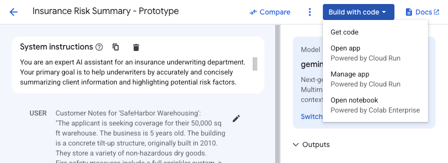 Vertex AI Studio, Build with Code Button > Open App
