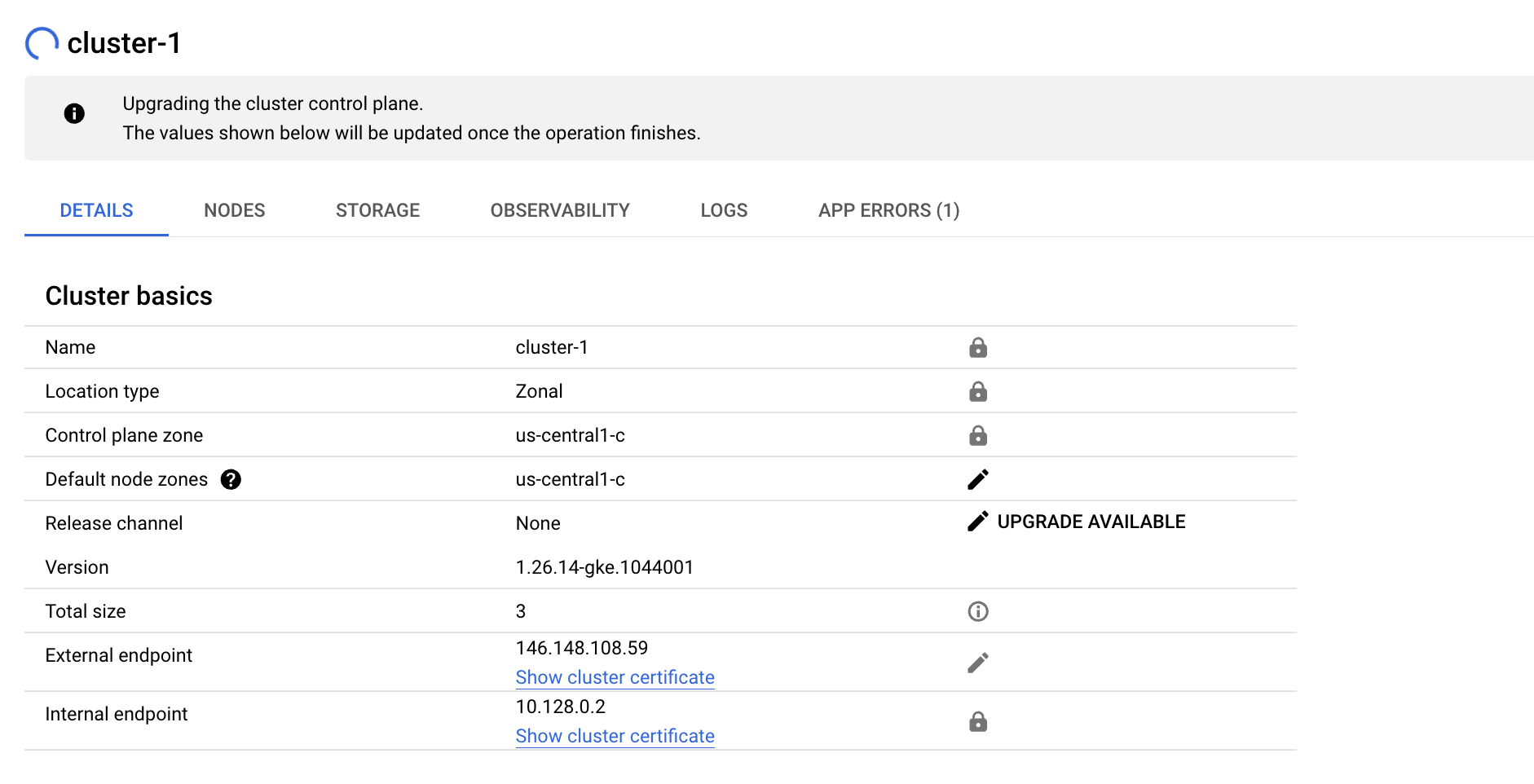cluster-1 Details tabbed page
