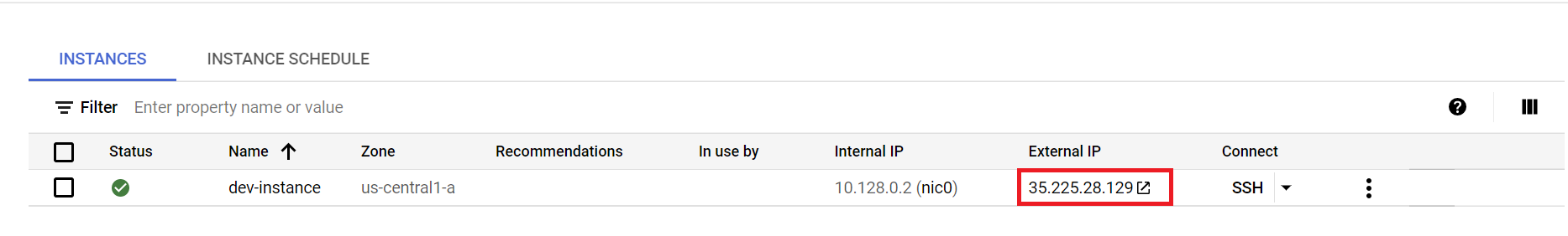External IP 35.225.28.129 highlighted
