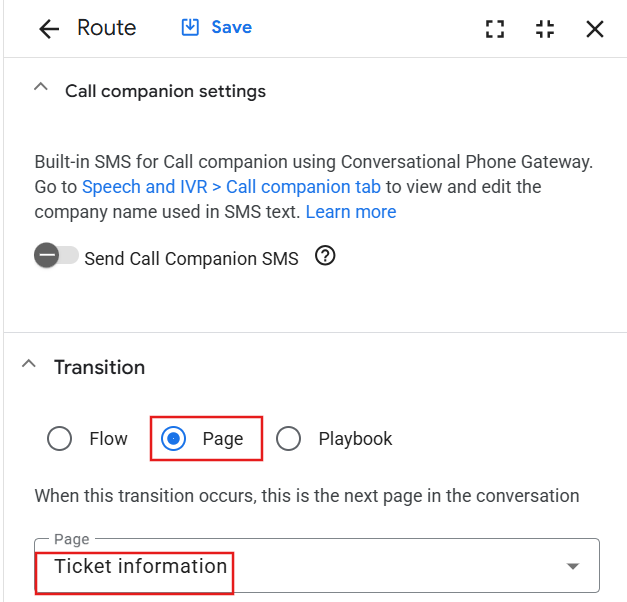 Transition section with Ticket information selected i the Page dropdown menu