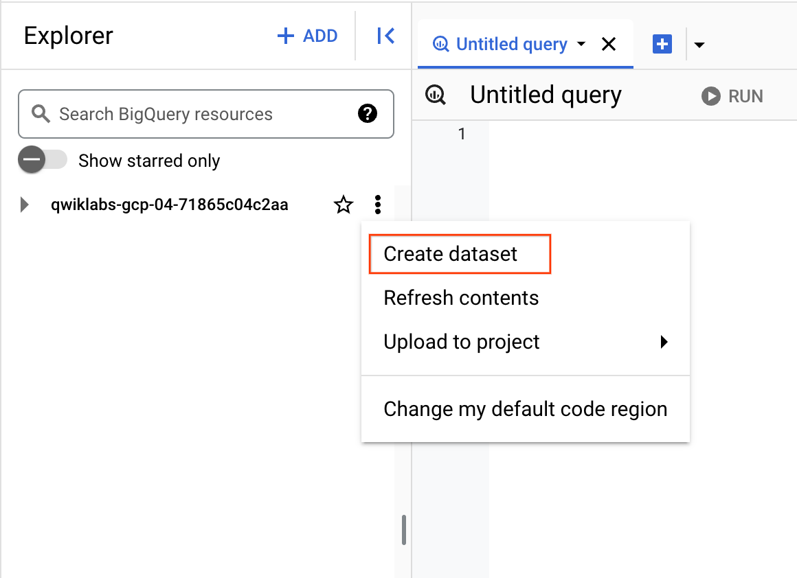 Create dataset option highlighted