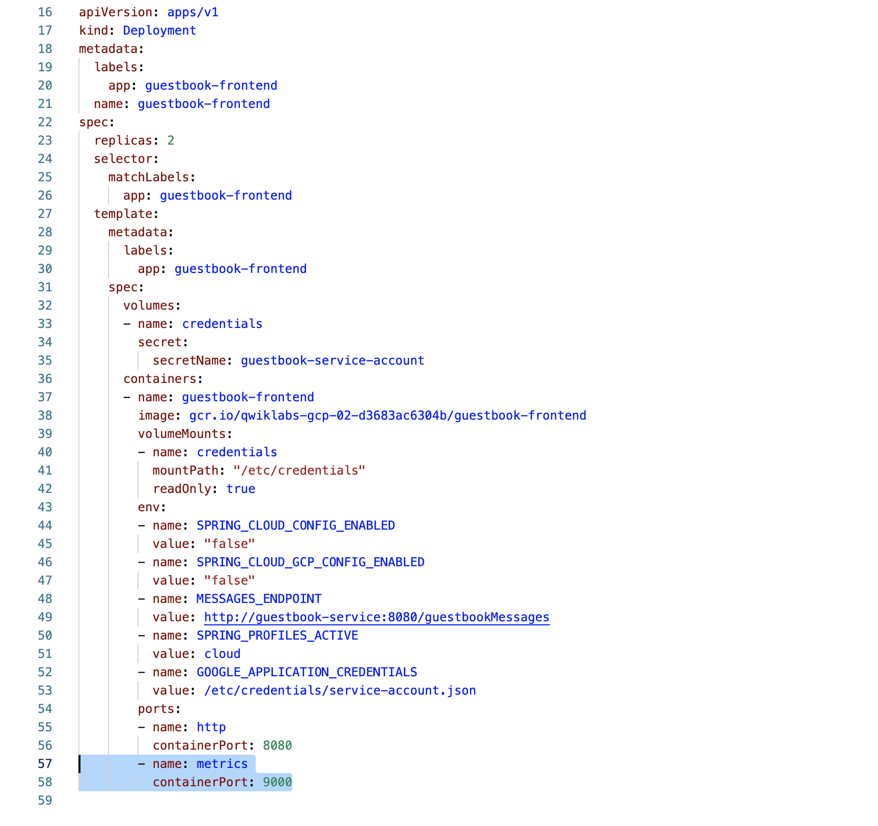 The open guestbook-frontend-deployment.yaml file displaying lines 16 to 58