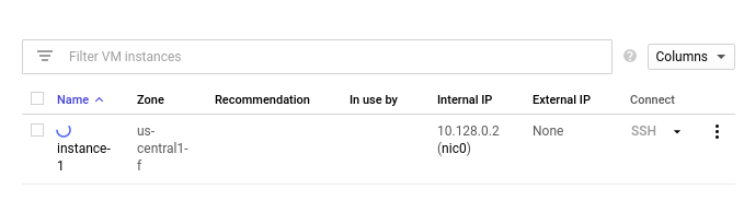 Daftar instance VM yang menampilkan Instance-1