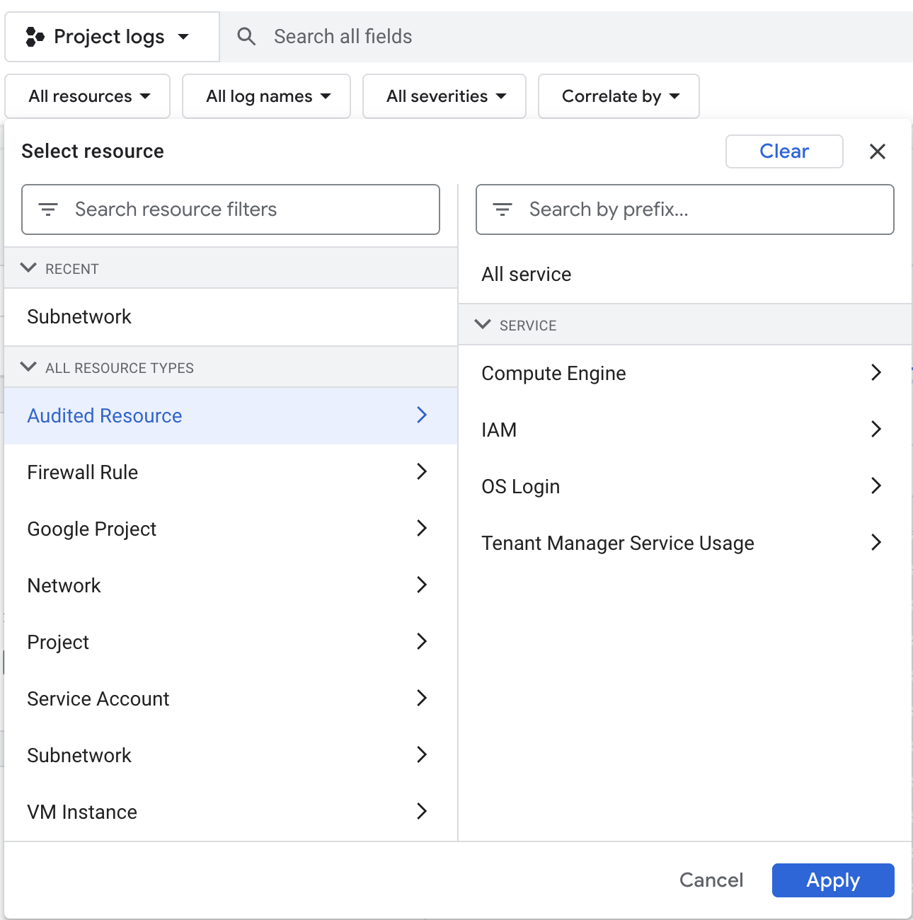 Logs Explorer settings using Audited Resources and Subnetwork
