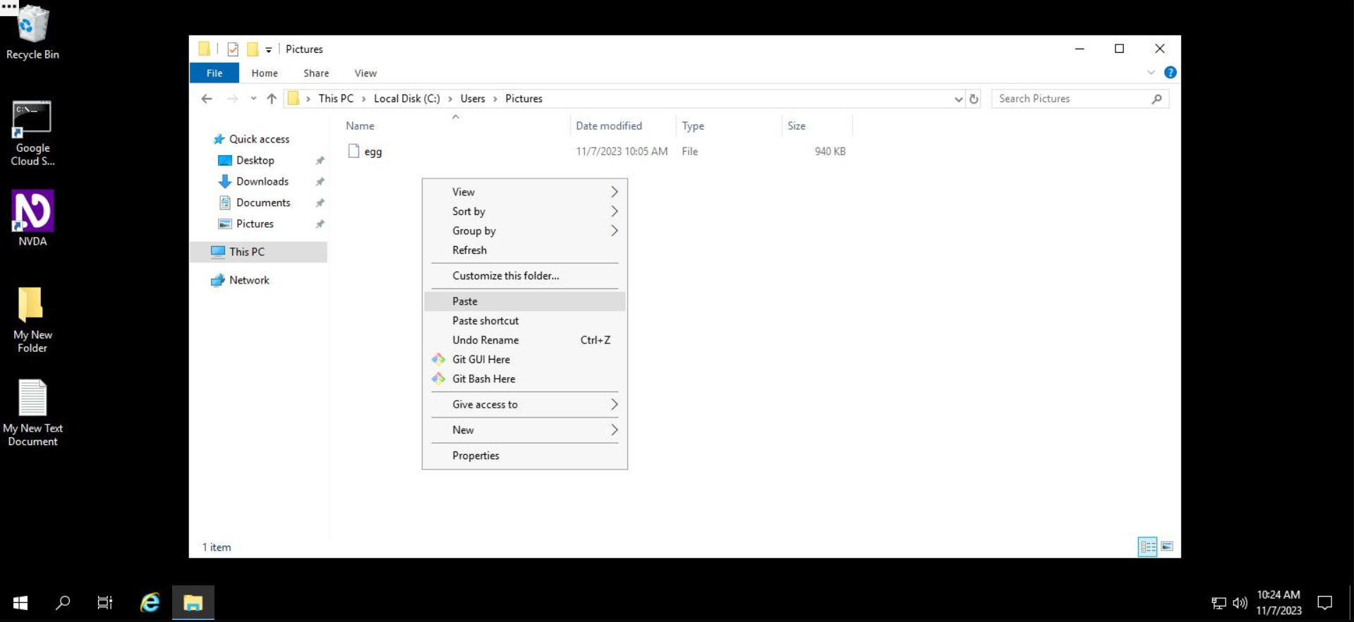 Screenshot of a Windows desktop, open to File Explorer. Within File Explorer, the user is following the file path "This PC", "Local Disk (C:)", "Users" and are in the "Users" folder. WIthin the "Users" folder, the "Pictures" folder is open and the right-click / context menu is open within the "Pictures" folder. Within the right-click menu, "Paste" is highlighted.