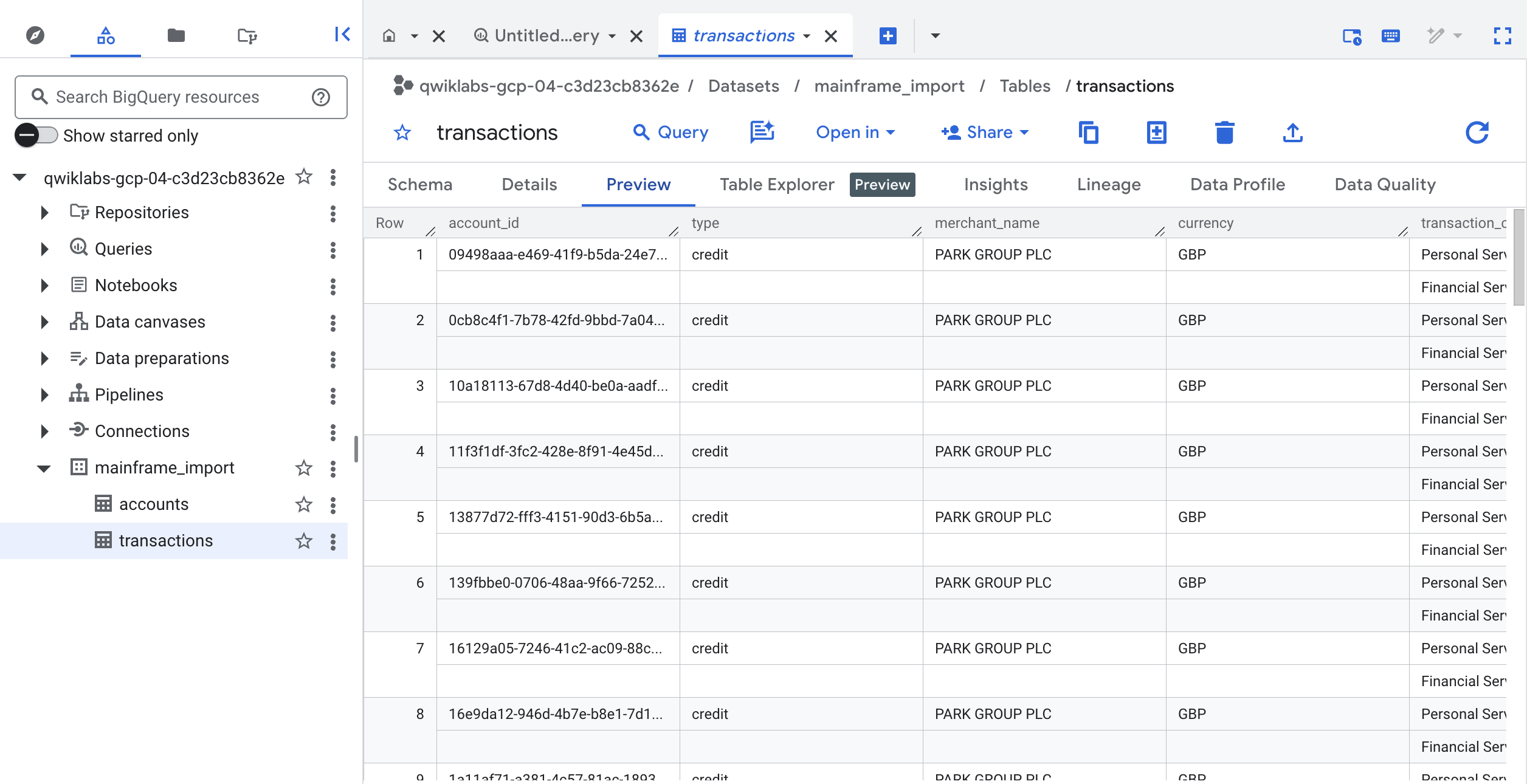 BigQuery dataset: transactions