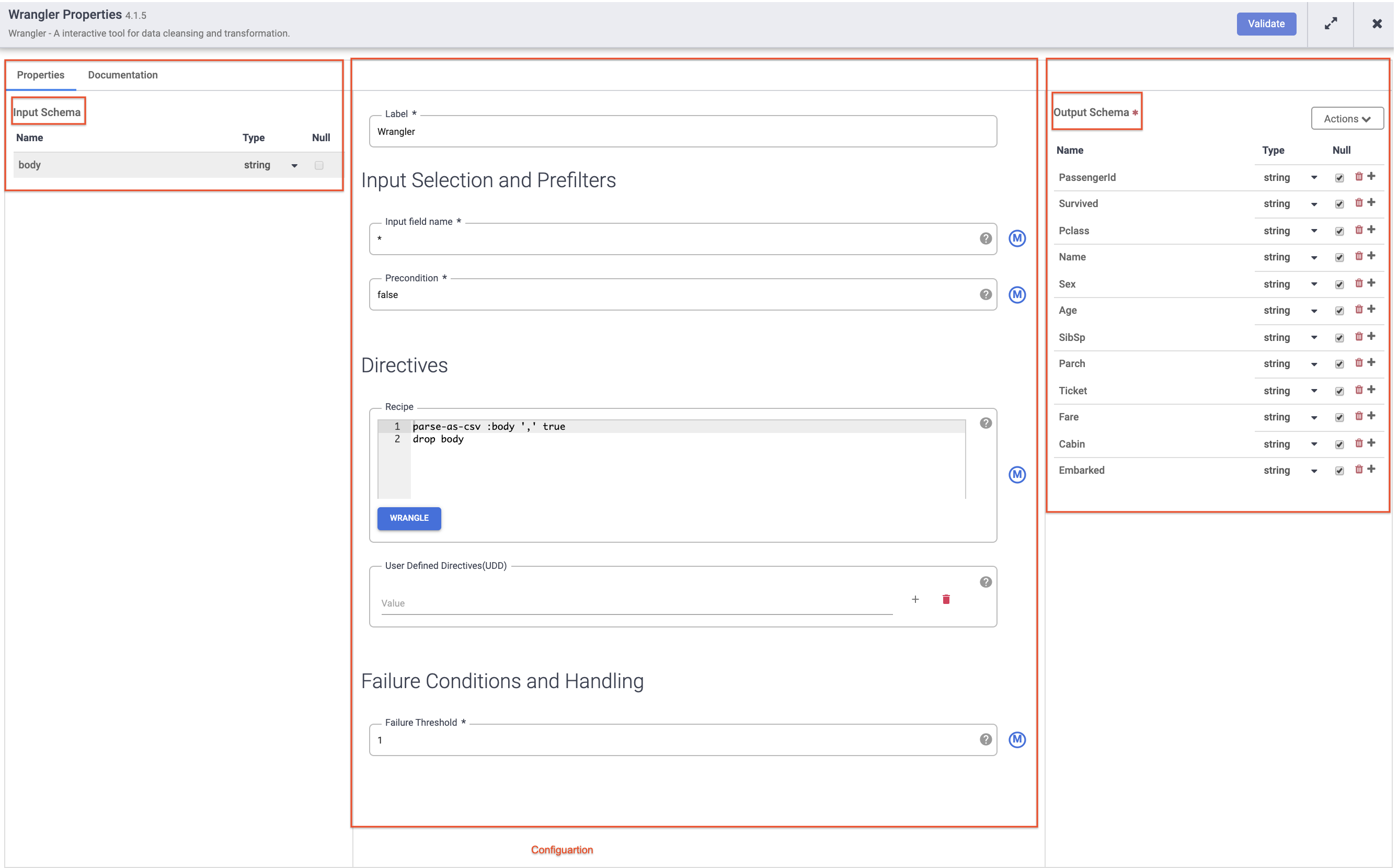 Wrangler node properties dialog