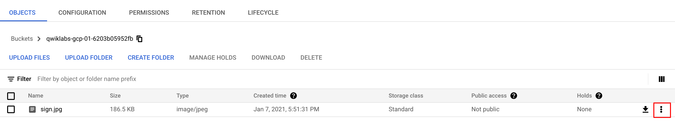Objects tab with uploaded sign image file, and more options button highlighted