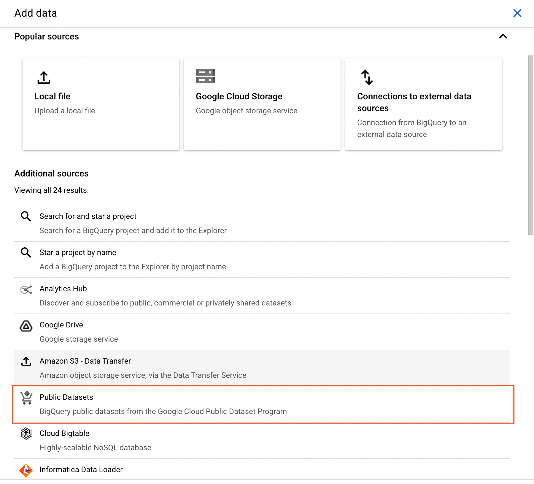 Expanded Add Data dropdown menu with Explore public datasets option highlighted