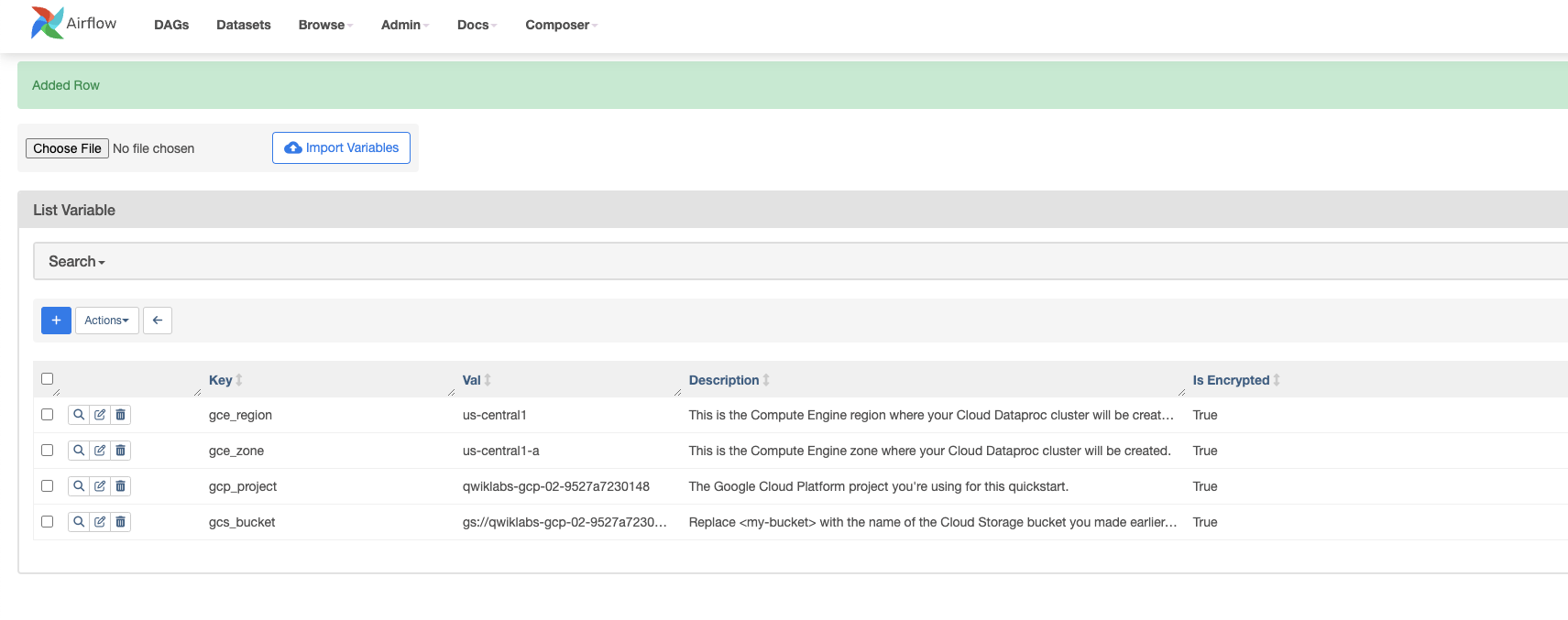 Table with Key and Val column headings on the Variables List tabbed page