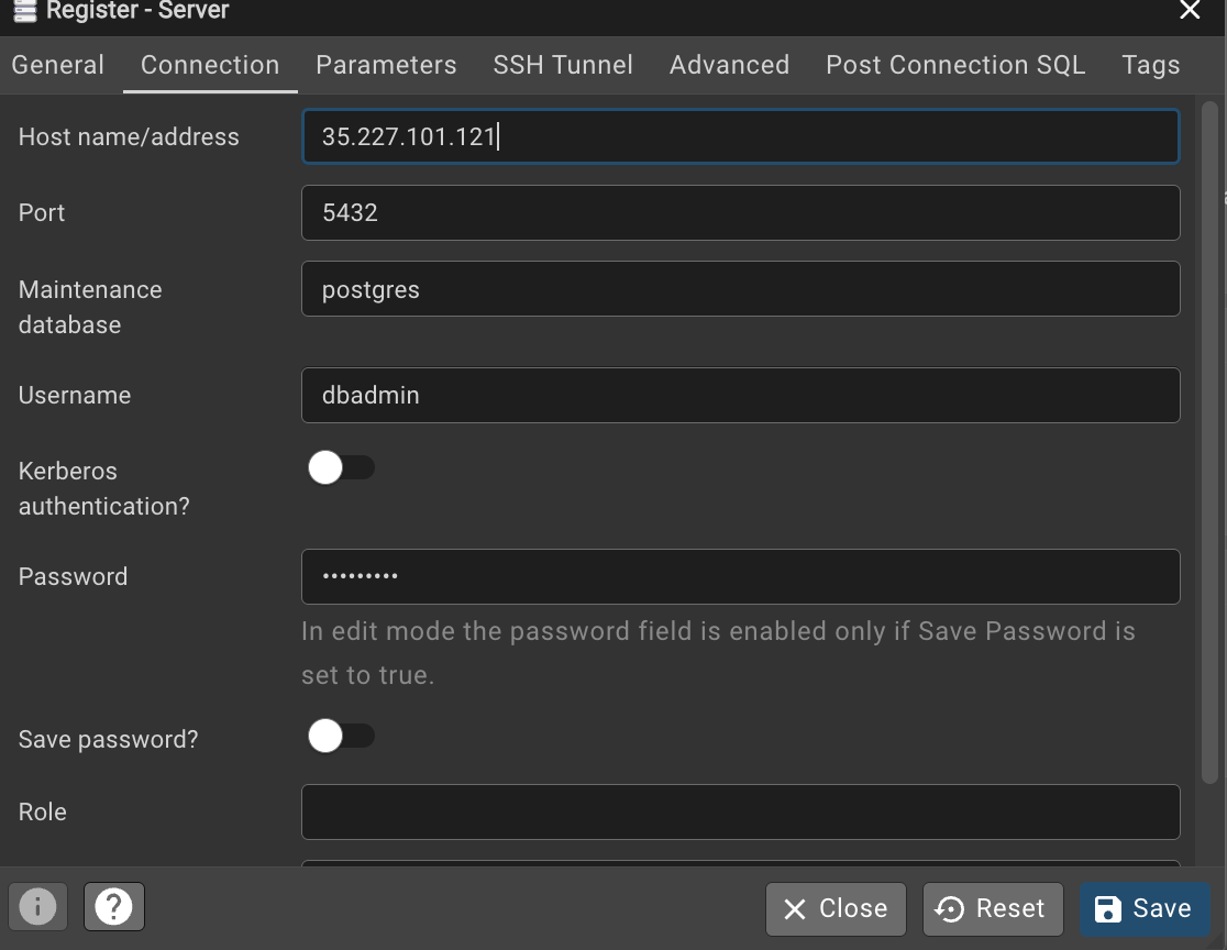 Connection tab with Host name/address, Username and Password fields populated