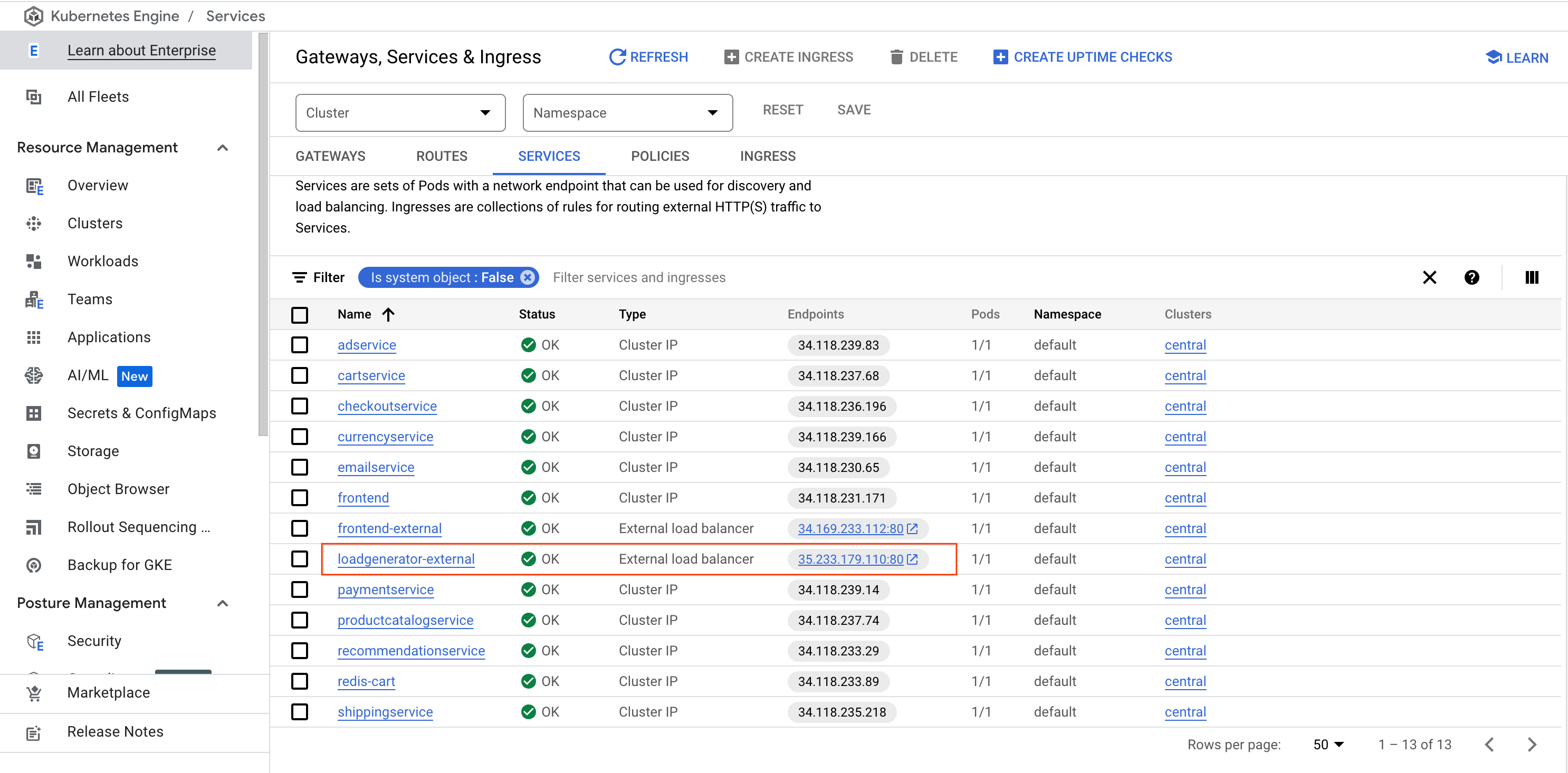 Página &quot;Serviços e entrada&quot; aberta com a guia &quot;Serviços&quot;, que exibe em destaque o serviço loadgenerator-external e o link dos endpoints.