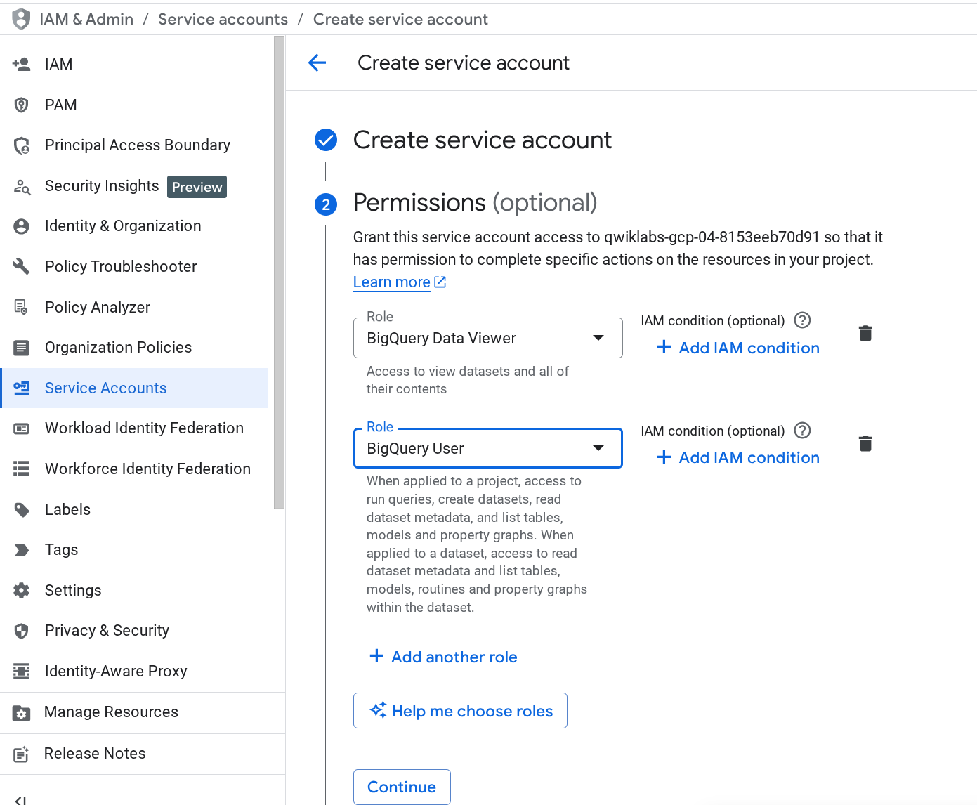 Create service account tabbed page