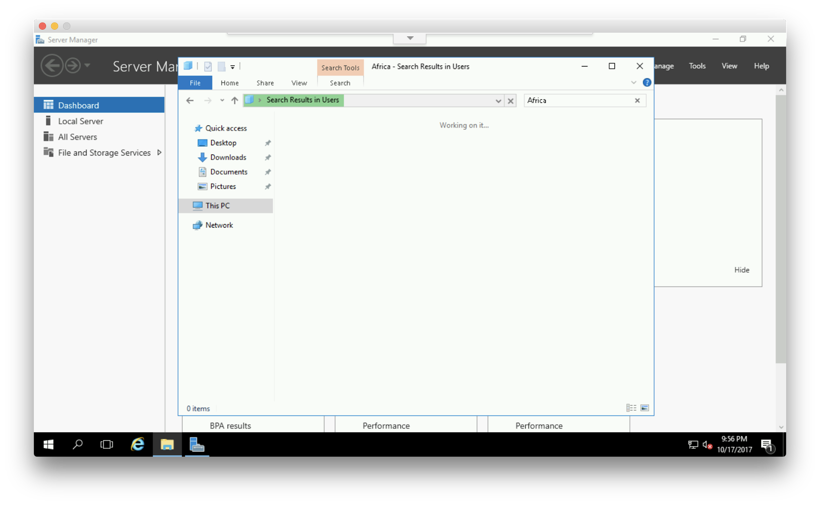 Screenshot einer aktiven Suche im Datei-Explorer mit dem Suchbegriff „Africa“.