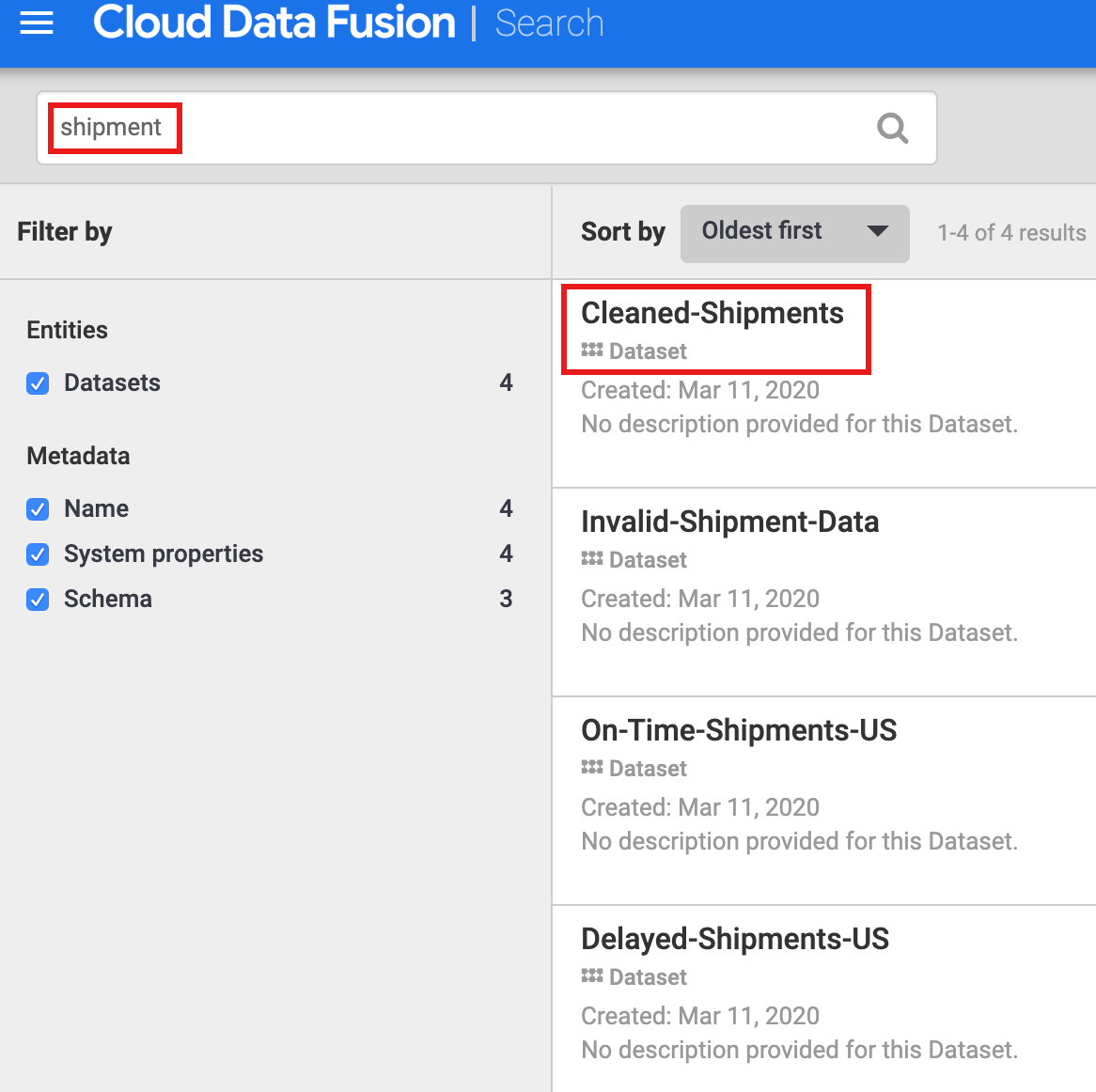 Cleaned shipments metadata search results