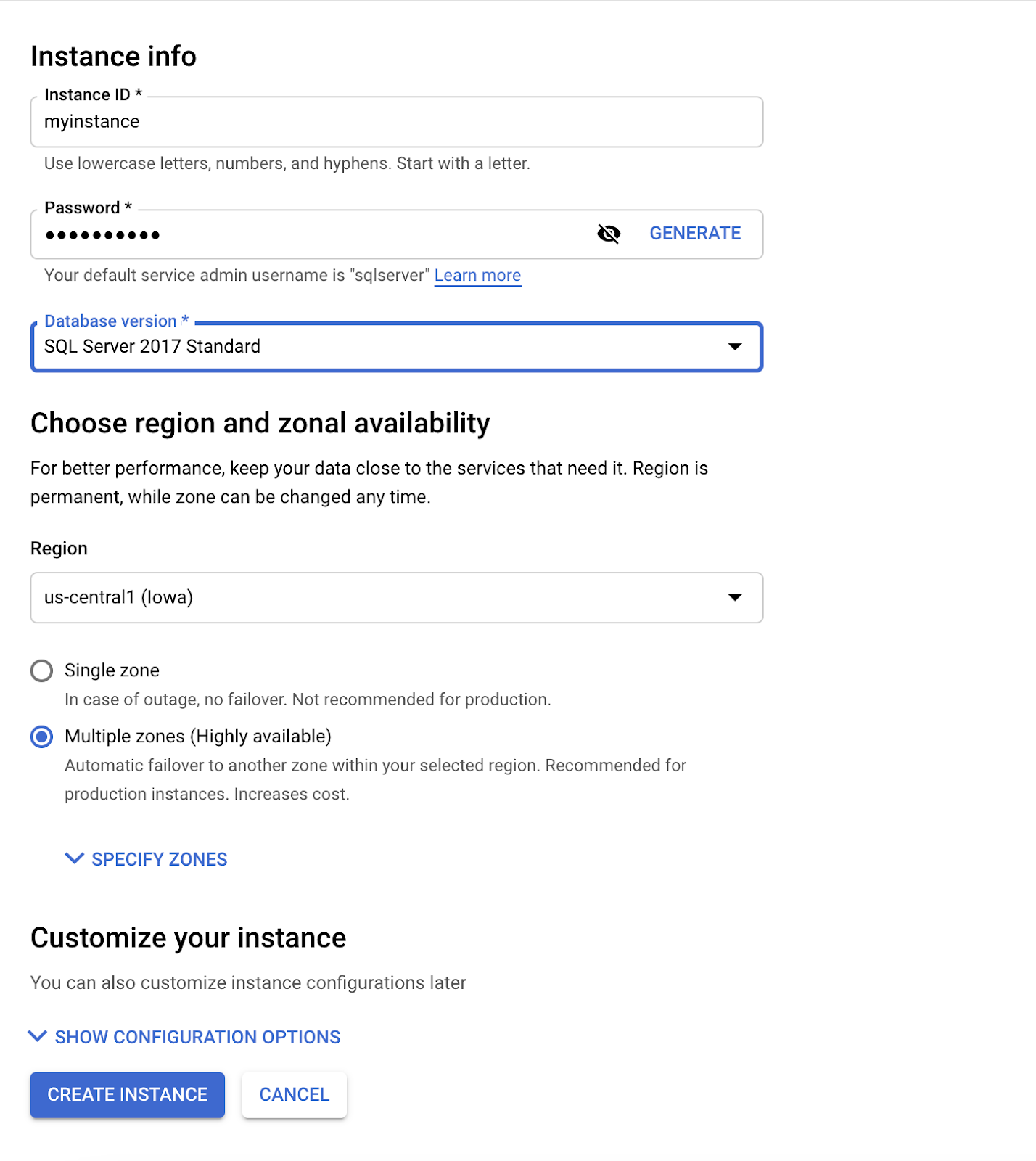 Instance info dialog box, which includes the aforementioned fields.