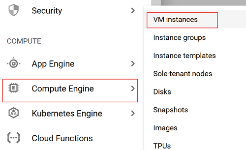 O menu de navegação, em que a opção Compute Engine está destacada, junto com as instâncias de VM no submenu.