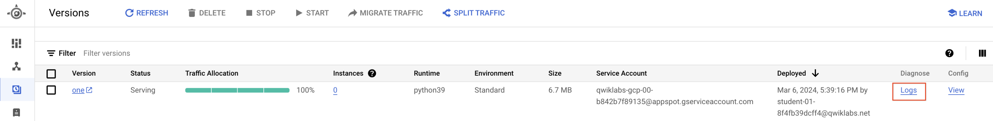 Logs Link highlighted in the Diagnose menu.