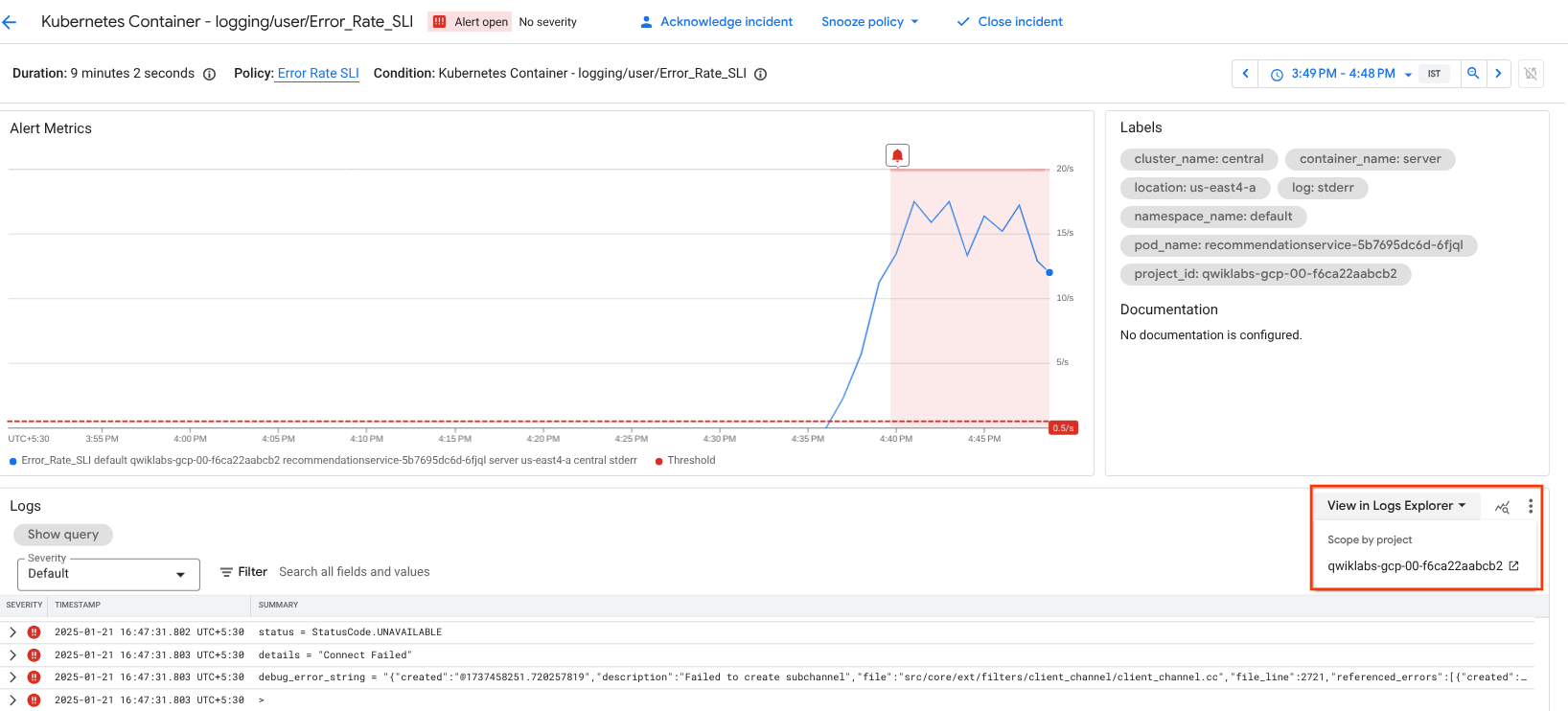 La página Incident metrics muestra el botón View logs destacado