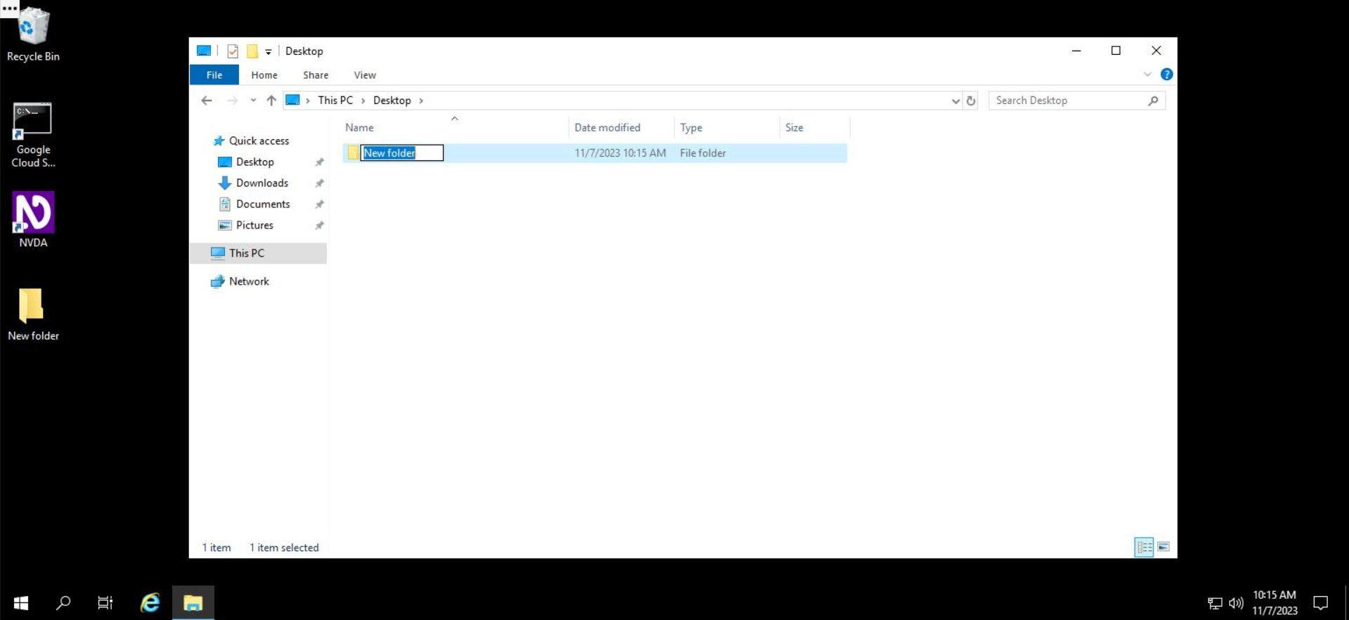 Screenshot of a Windows desktop, open to File Explorer. Within File Explorer, the user is modifying a New Folder name, which is stored on Desktop of This PC.