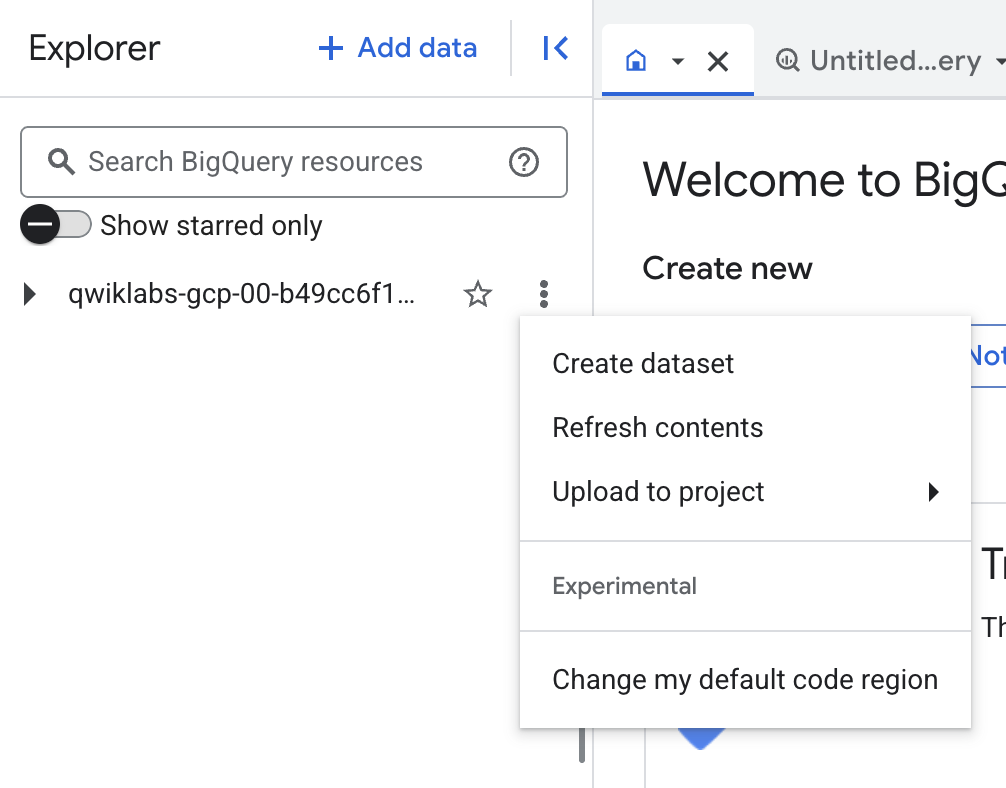 The View Actions navigation menu, wherein the option Create dataset is highlighted within the project's sub-menu.