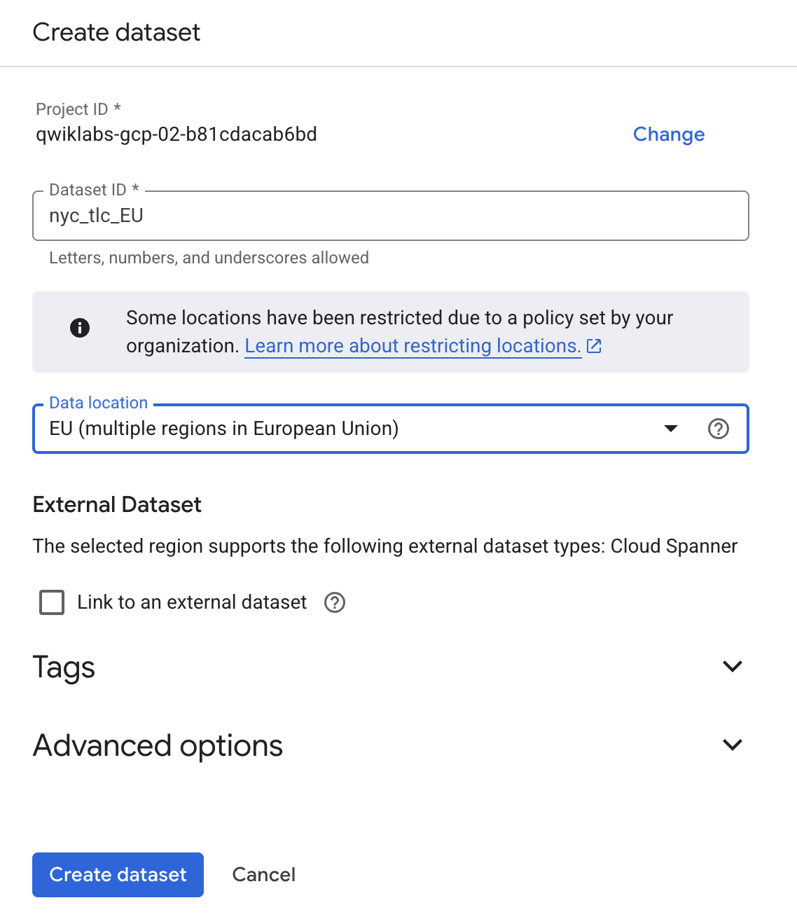 Dataset ID text field and Data location drop-down menu