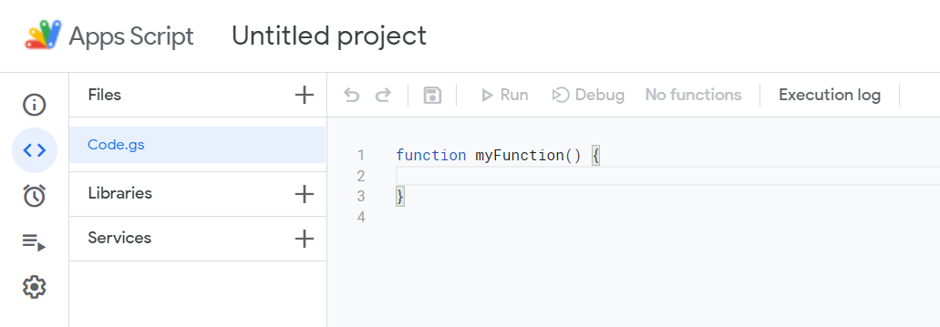Página do projeto no Apps Script com Code.gs no editor de código