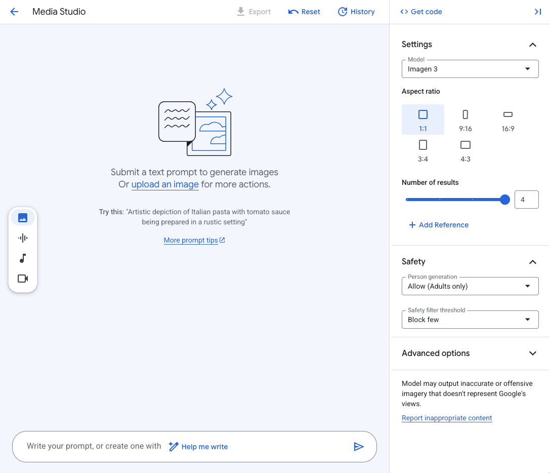 Vertex AI Media Studio configuration page