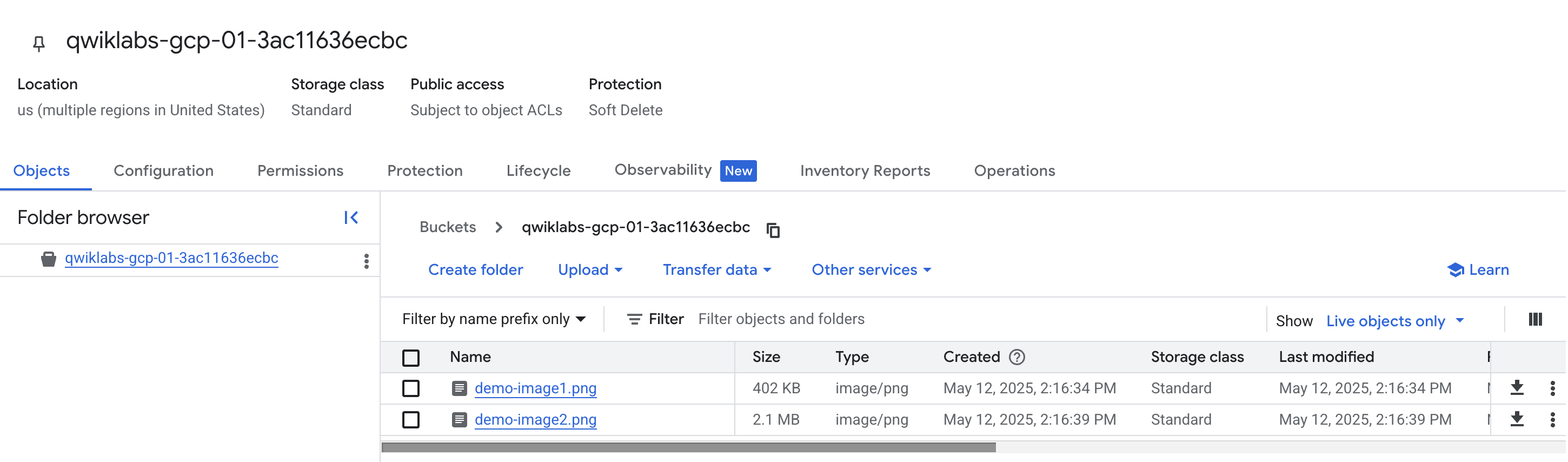 demo-image1.png and demo-image2.png listed on the Objects tabbed page of qwiklabs-bucket01