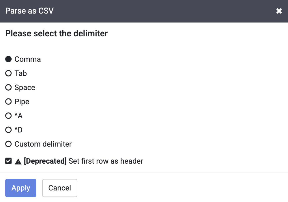 Parse as CSV dialog