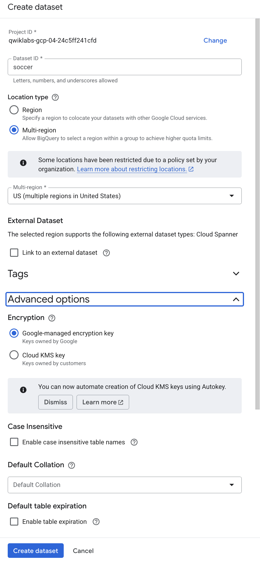 Create dataset screen with the dataset details and a highlighted Create Dataset button.