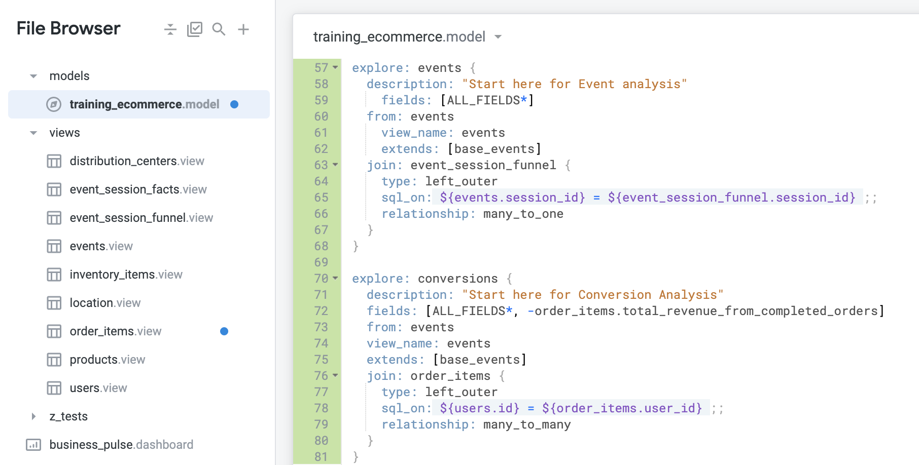 The training.ecommerce.model file with the lines of conversions explore code added