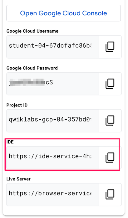 IDE サービス URL が表示されている Qwiklabs 認証情報パネル