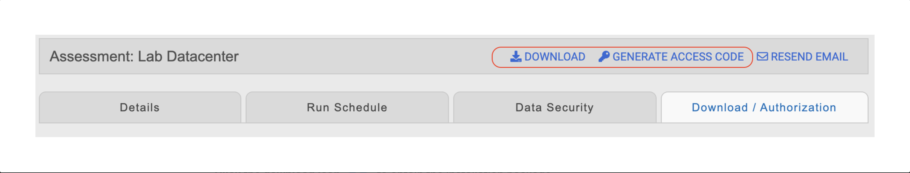 Assessment: Lab Datacenter page with Download and Generate access code icons highlighted