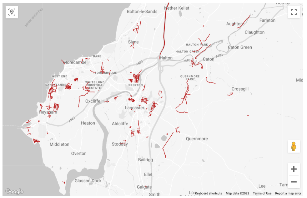 Map of flooded road segments around Lancaster, England