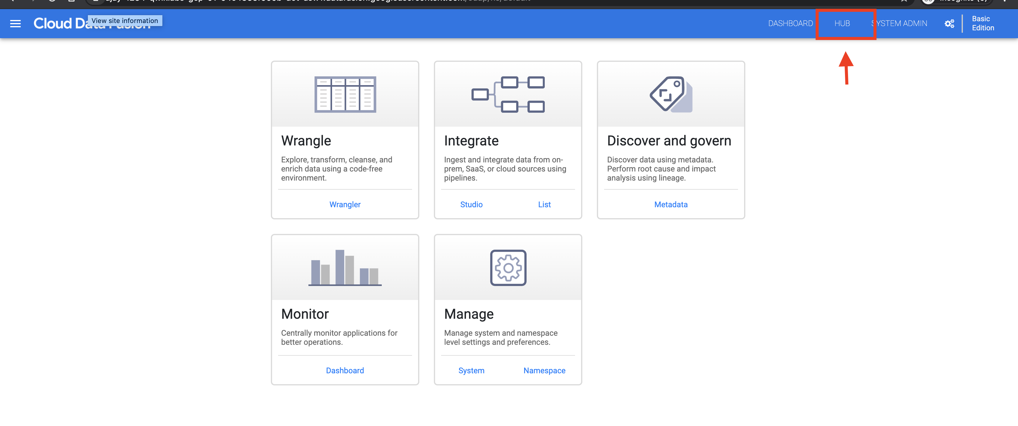 Cloud Data Fusion UI with Hub highlighted