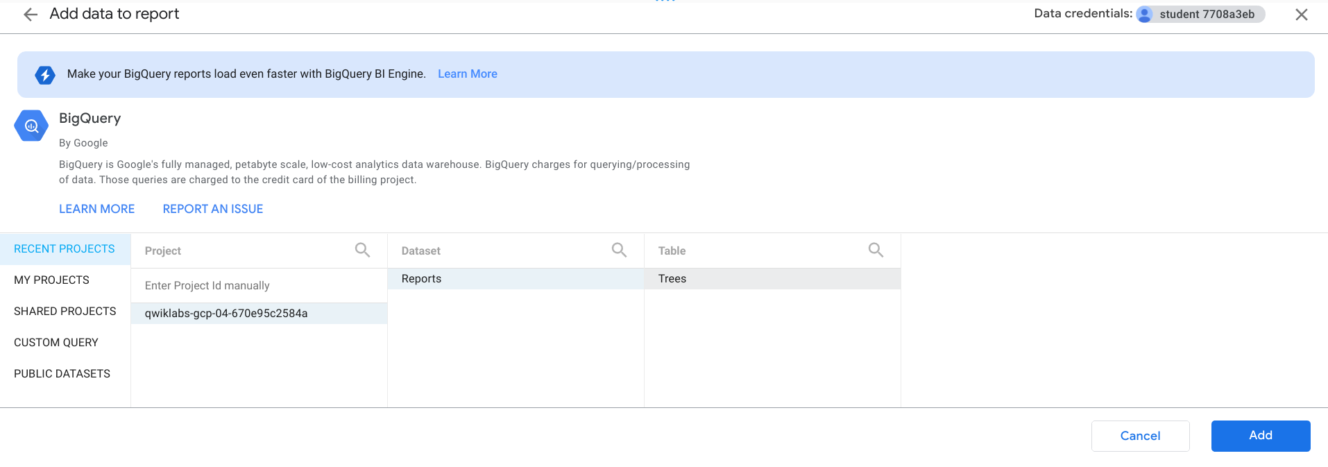 The selected project, dataset, and table on the Add data to report page