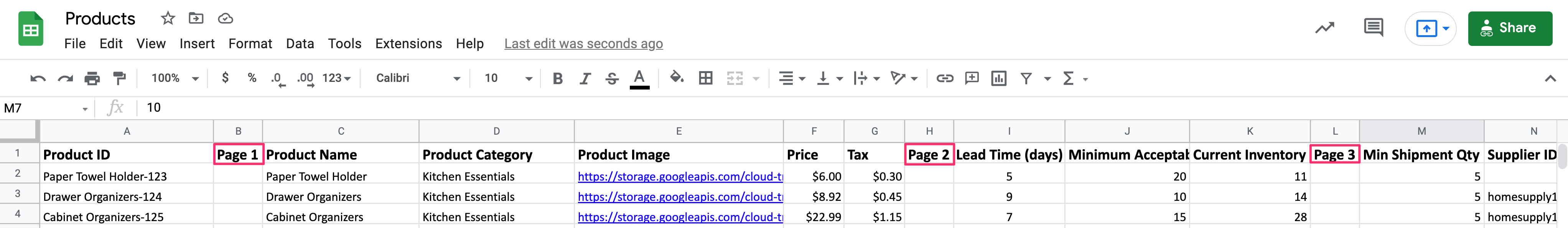 Highlighted Page 1 in the Products sheet.