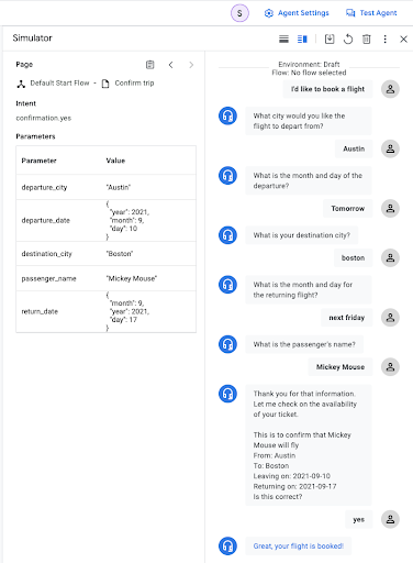 Test Agent console with simulator flow example