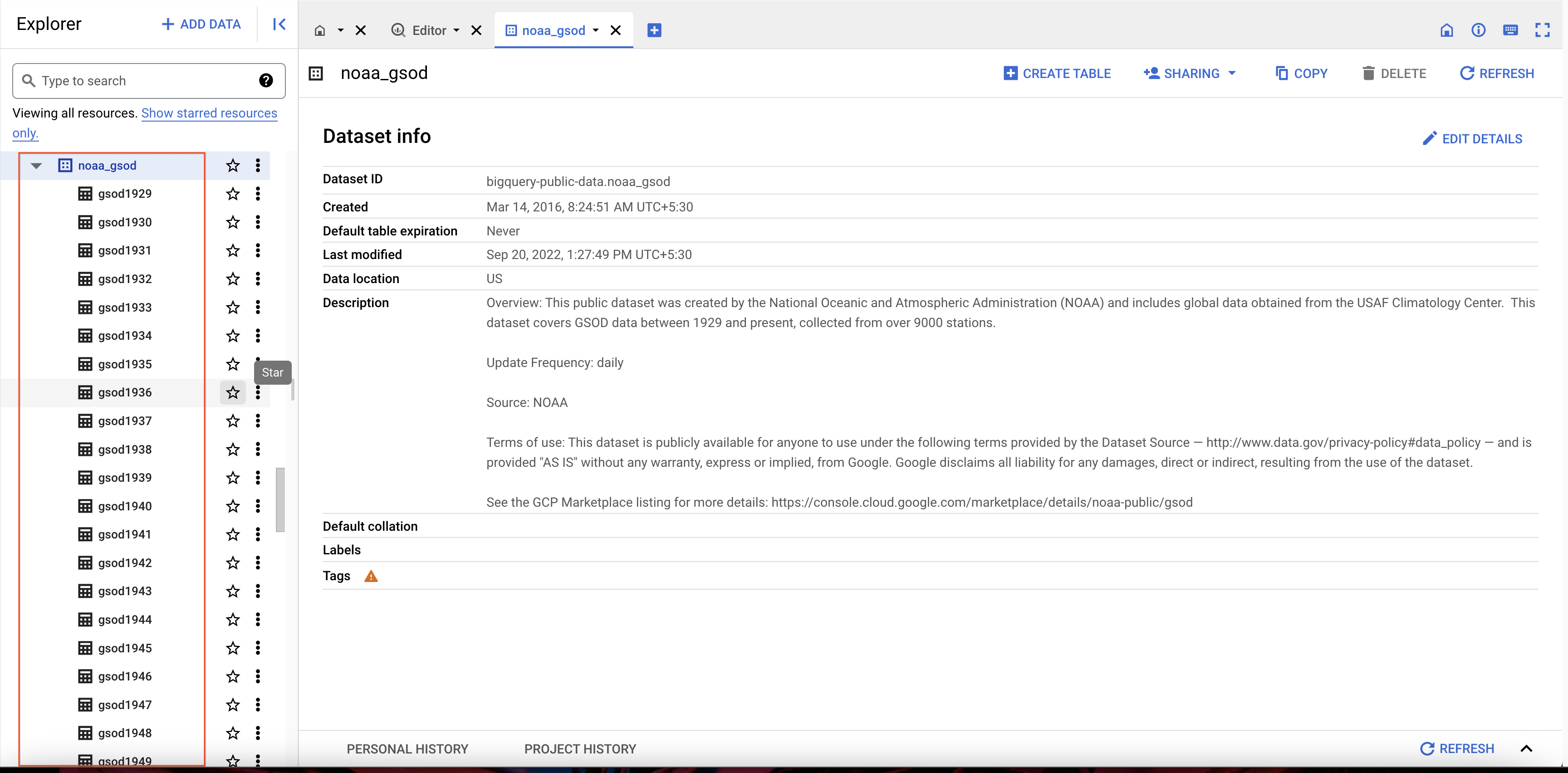 noaa_gsod dataset highlighted