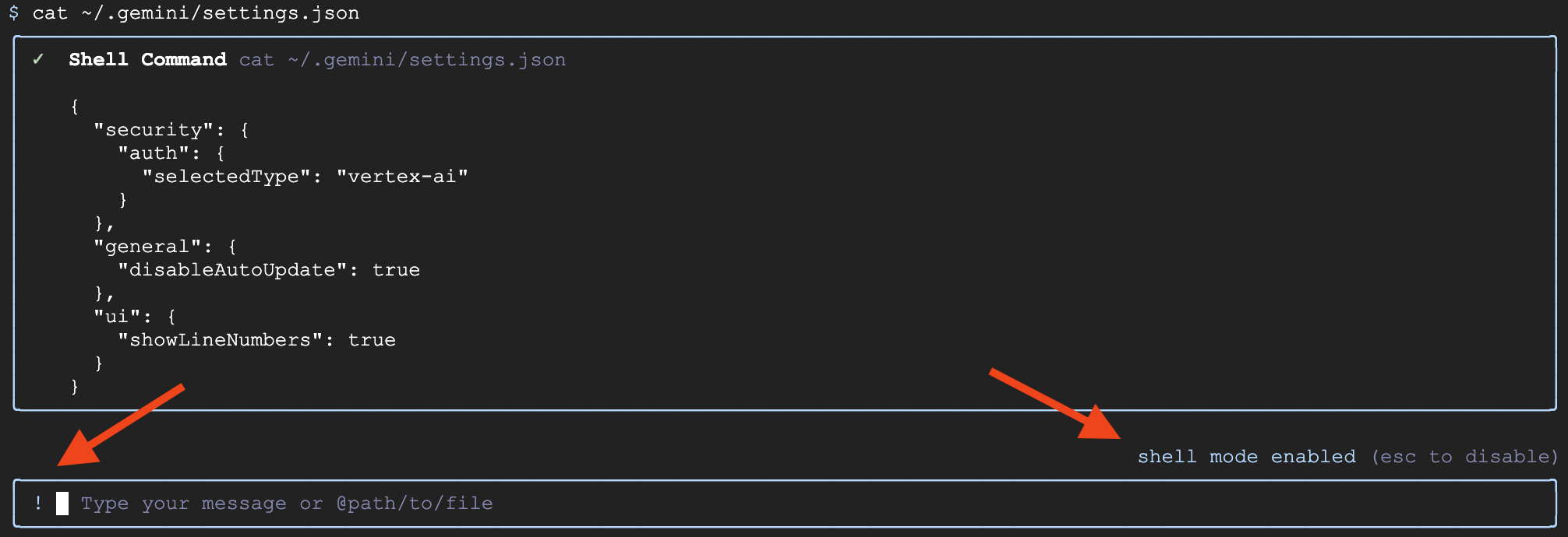 Arrows point at the exclamation point prompt and the "shell mode enabled" indicator.