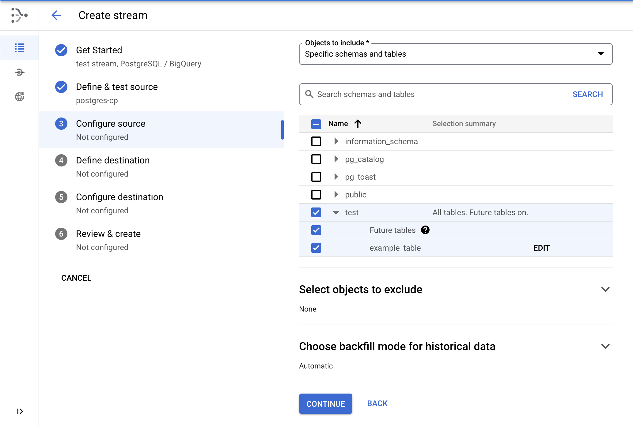 the test schema selected from several choices