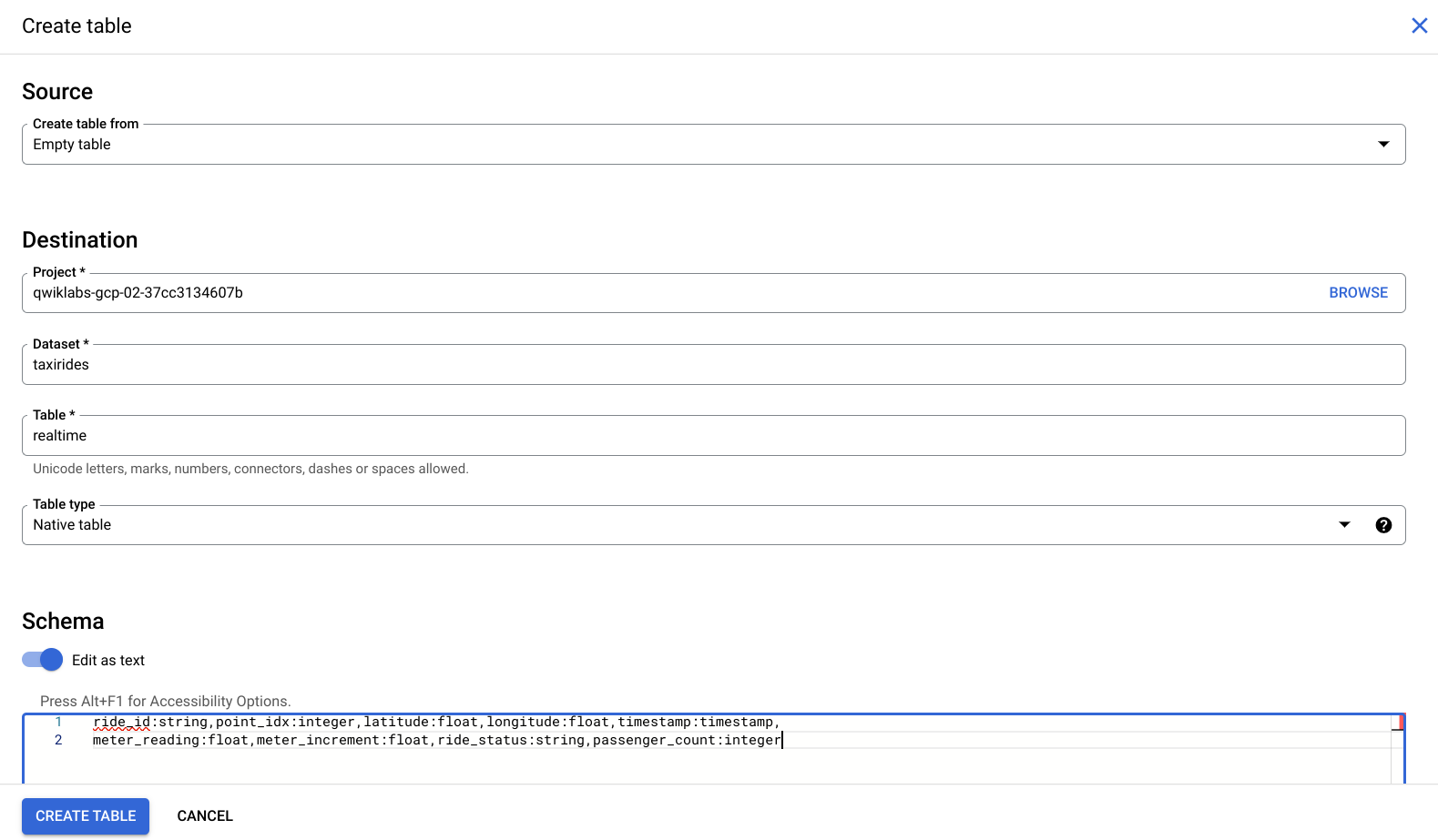 Create table page