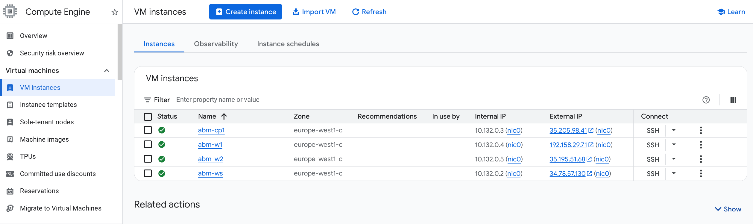 Four VMs, named abm-cp1, abm-w1, abm-w2, and abm-ws, listed on the VM instances tabbed page