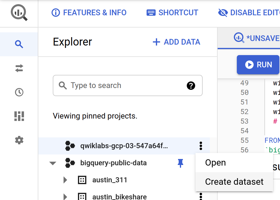 Explorer tab displaying the create dataset menu option