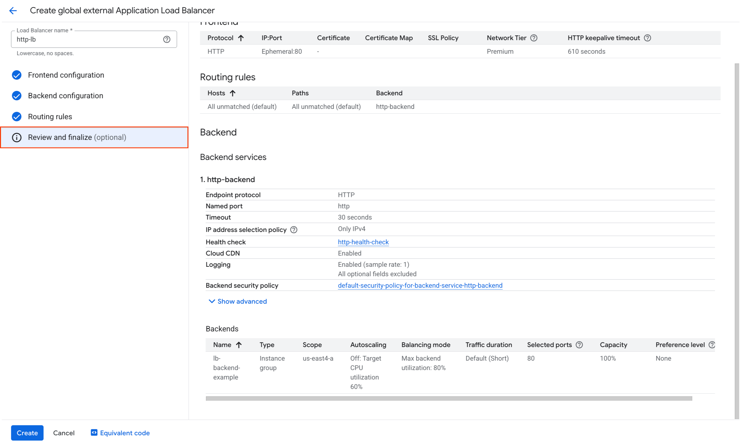 Load Balancer review and finalize page, which includes information in several categories, such as host and path rules, and backend services